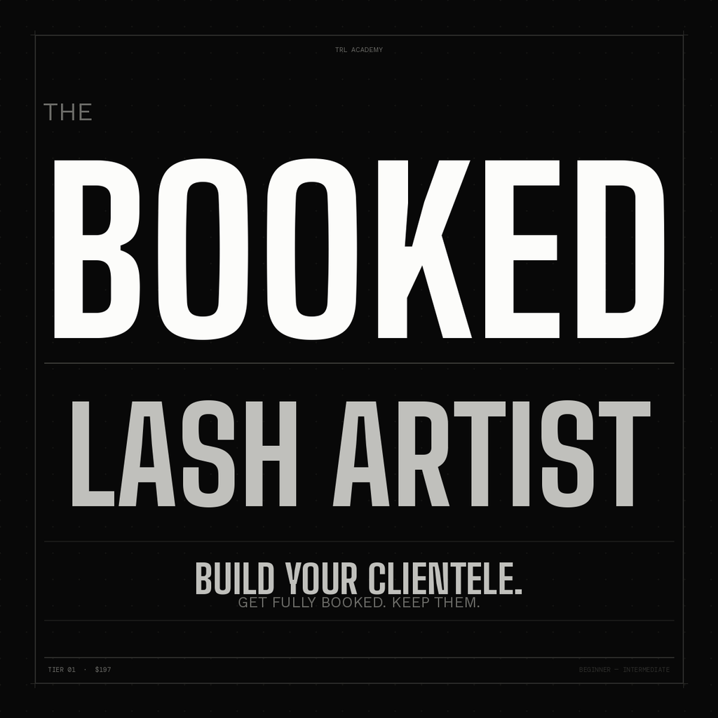 Black background with white text promoting 'The Booked Lash Artist' service.